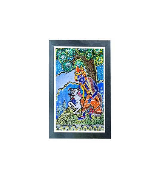 Handmade Art Painting | Krishna Ji with Cow Madhubani Painting  | Wall Decor Artwork | Home & Office Decor |