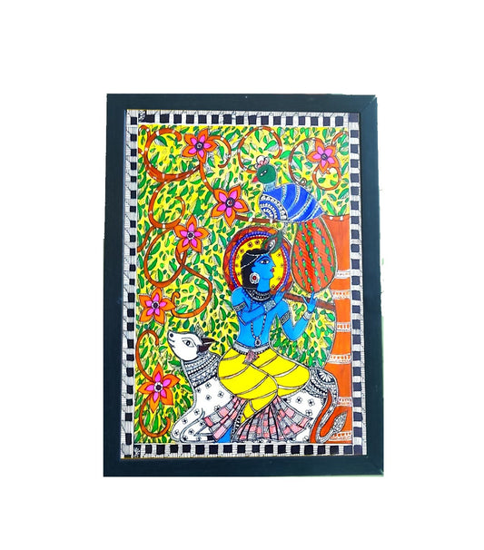 Handmade Madhubani Art Painting| Painting of Lord Krishna with cow and peacock| Wall Decor Artwork | Home & Office Decor|