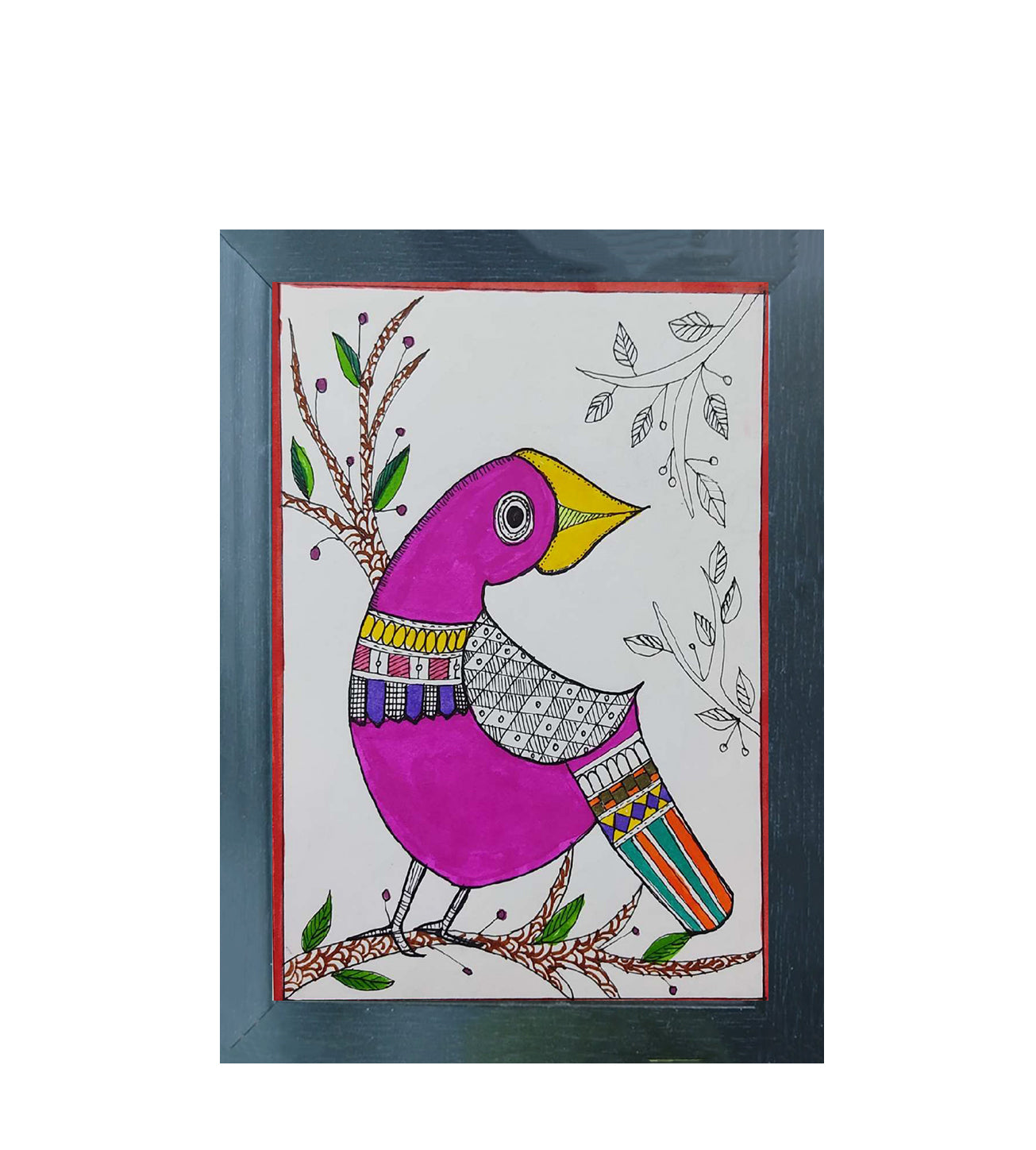 Création d'œuvres d'art Madhubani | Vogel Neergestreken Op Een Boomtak | Décoration murale | Oeuvre d'art | Décor de maison et de bureau