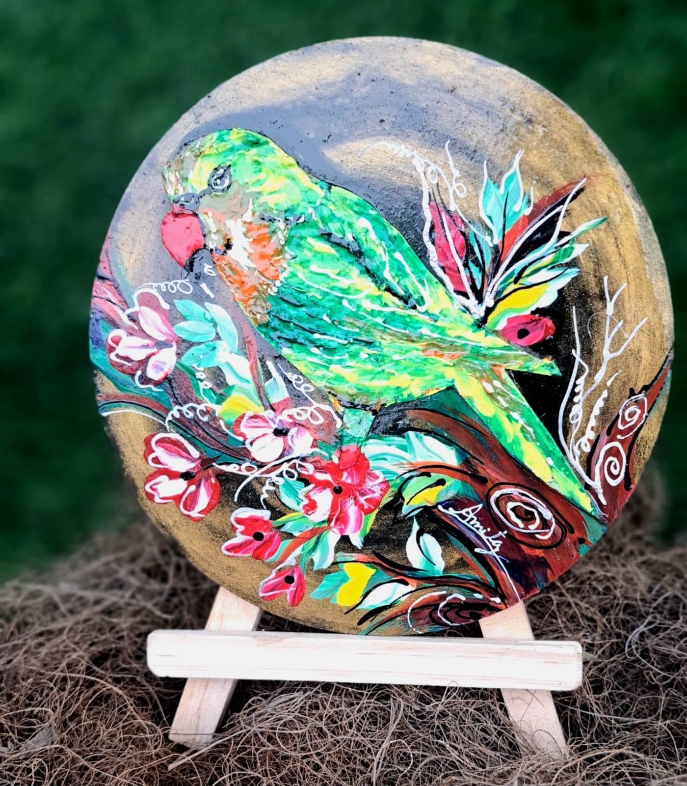 Handmade Art Painting | Parrot Painting on a Round MDF Board  | Wall Decor Artwork | Home & Office Decor |