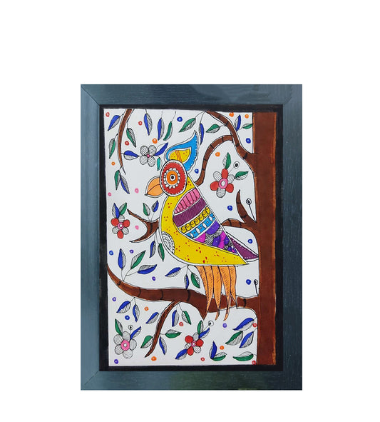 Traditional Handmade Madhubani Art | Colorful Bird on Tree Branch | Wall Decor Artwork | Home & Office Decor |