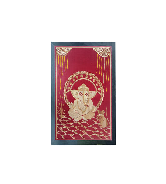 Handmade Sikki Art Painting | Lord Ganesh Wall Frame | Wall Decor Artwork | Home & Office Deco