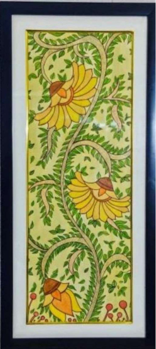 Handmade Madhubani Art Painting |The bright yellow and orange flowers intertwined with lush green foliage | Wall Decor Artwork | Home and office decor