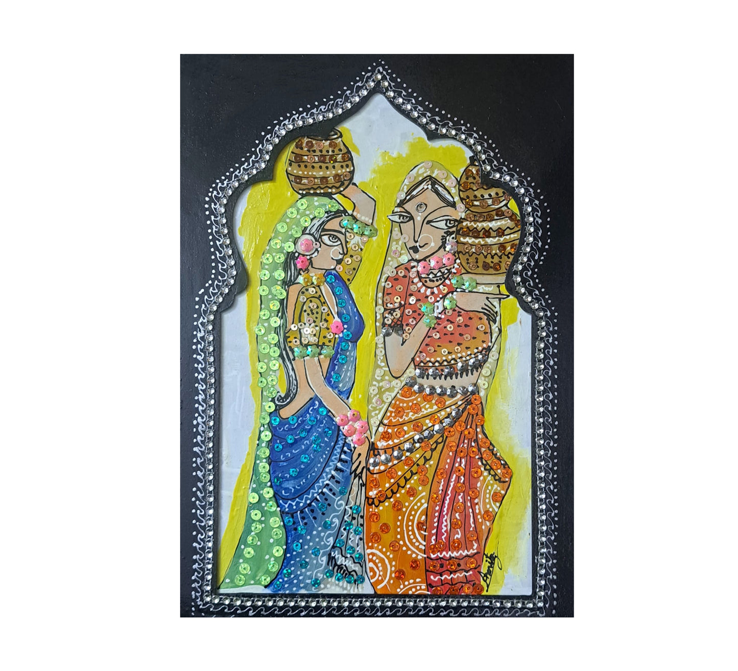 Handmade Art Painting | Two Women Jharoka  3D Painting| Wall Decor Artwork | Home & Office Decor |