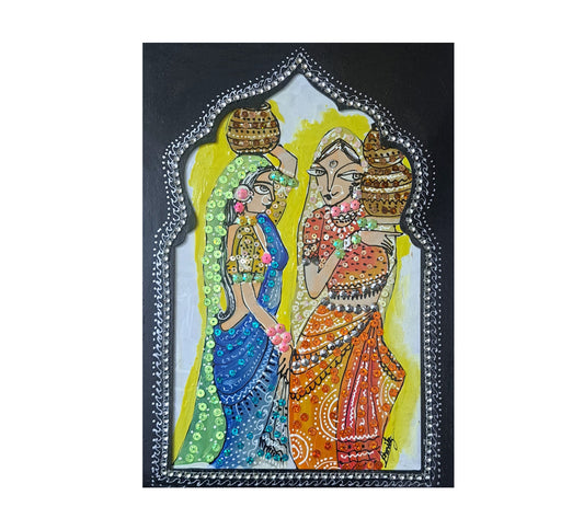 Handmade Art Painting | Two Women Jharoka  3D Painting| Wall Decor Artwork | Home & Office Decor |