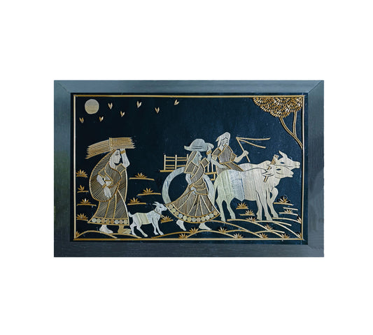 Handmade Sikki Art Painting | Village Scene Wall Frame | Wall Decor Artwork | Home & Office Decor |