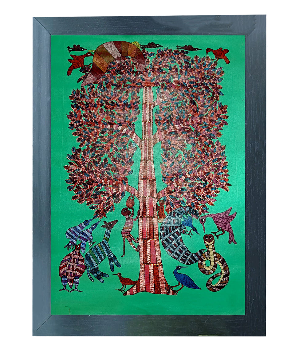 Handmade Gond Art Painting | Gond Painting of Tree and Animals | Wall Decor Artwork | Home & Office Decor |