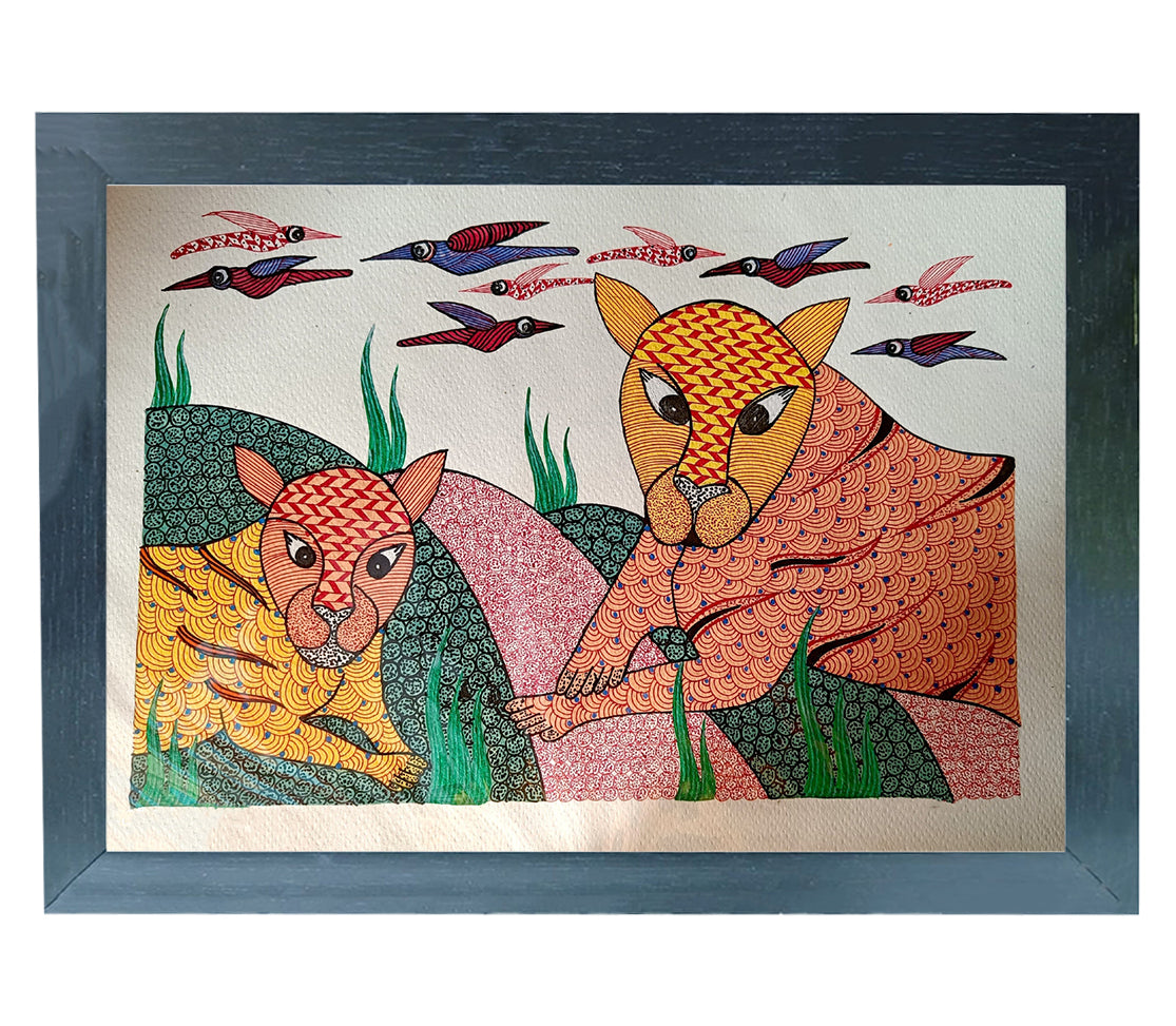 Handmade Gond Art Painting | Feline Friends and Feathered Flock: two cats playing, their fur beautiful | Wall Decor Artwork | Home & Office Decor |