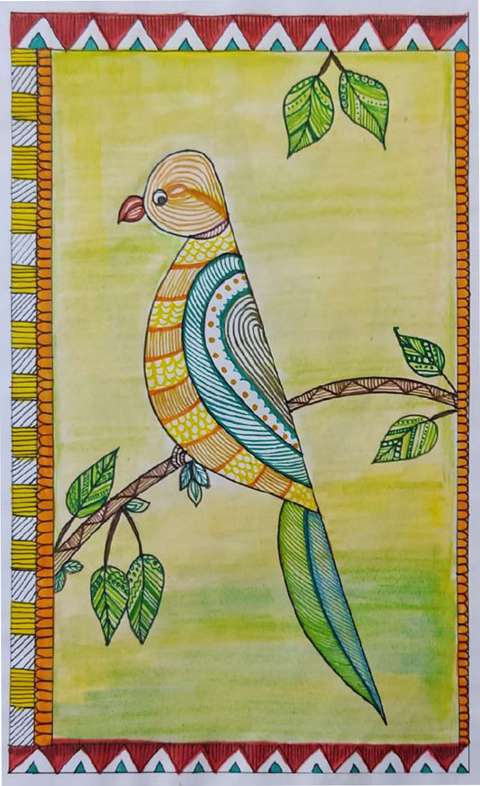 Handmade Madhubani Art Painting | Parrot Perched On A Tree Branch | Wall Decoration Artwork | Home and office decor