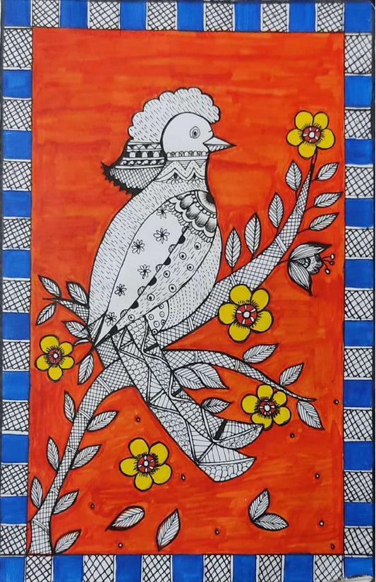 Handmade Madhubani Art Painting | Bird Perched On A Tree Branch | Wall Decoration Artwork | Home and office decor