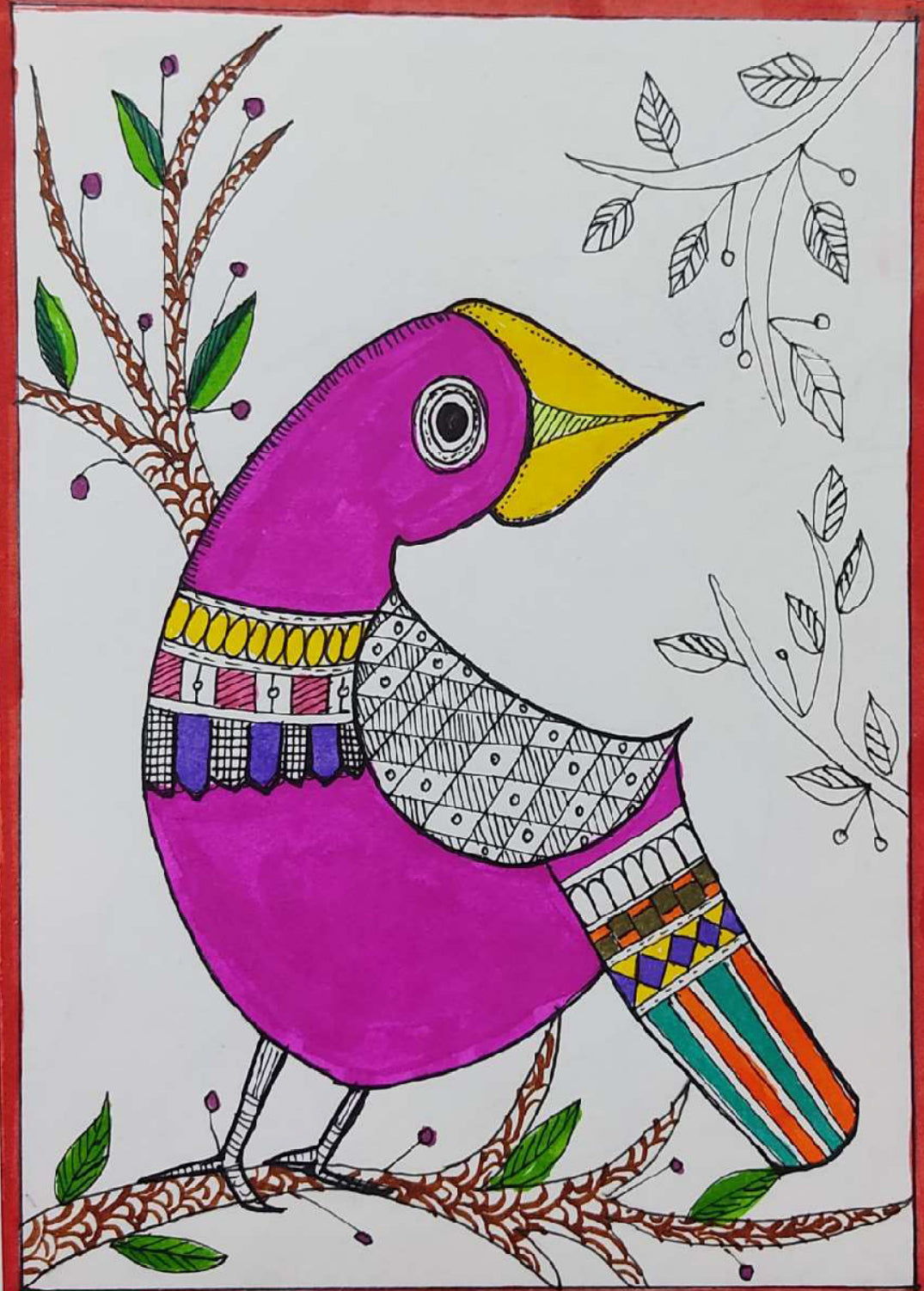 Création d'œuvres d'art Madhubani | Vogel Neergestreken Op Een Boomtak | Décoration murale | Oeuvre d'art | Décor de maison et de bureau