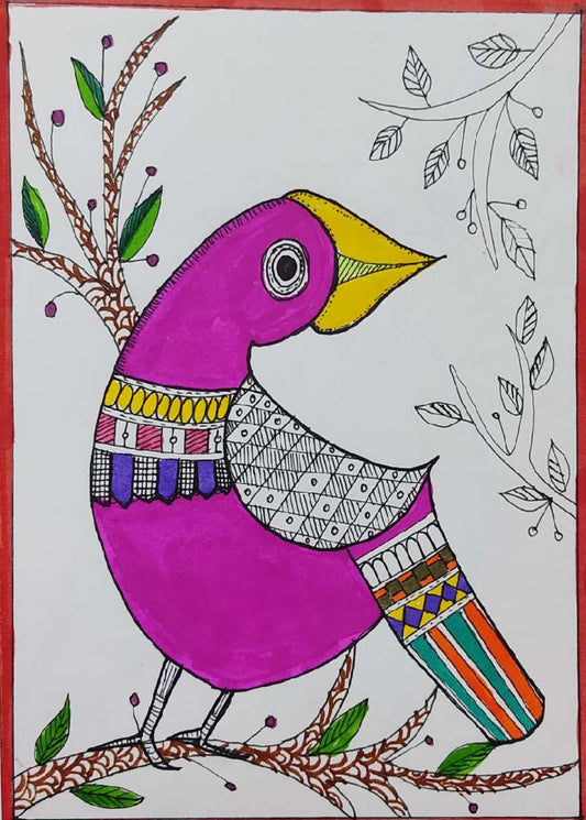 Handmade Madhubani Art Painting | Bird Perched On A Tree Branch | Wall Decoration Artwork | Home and office decor