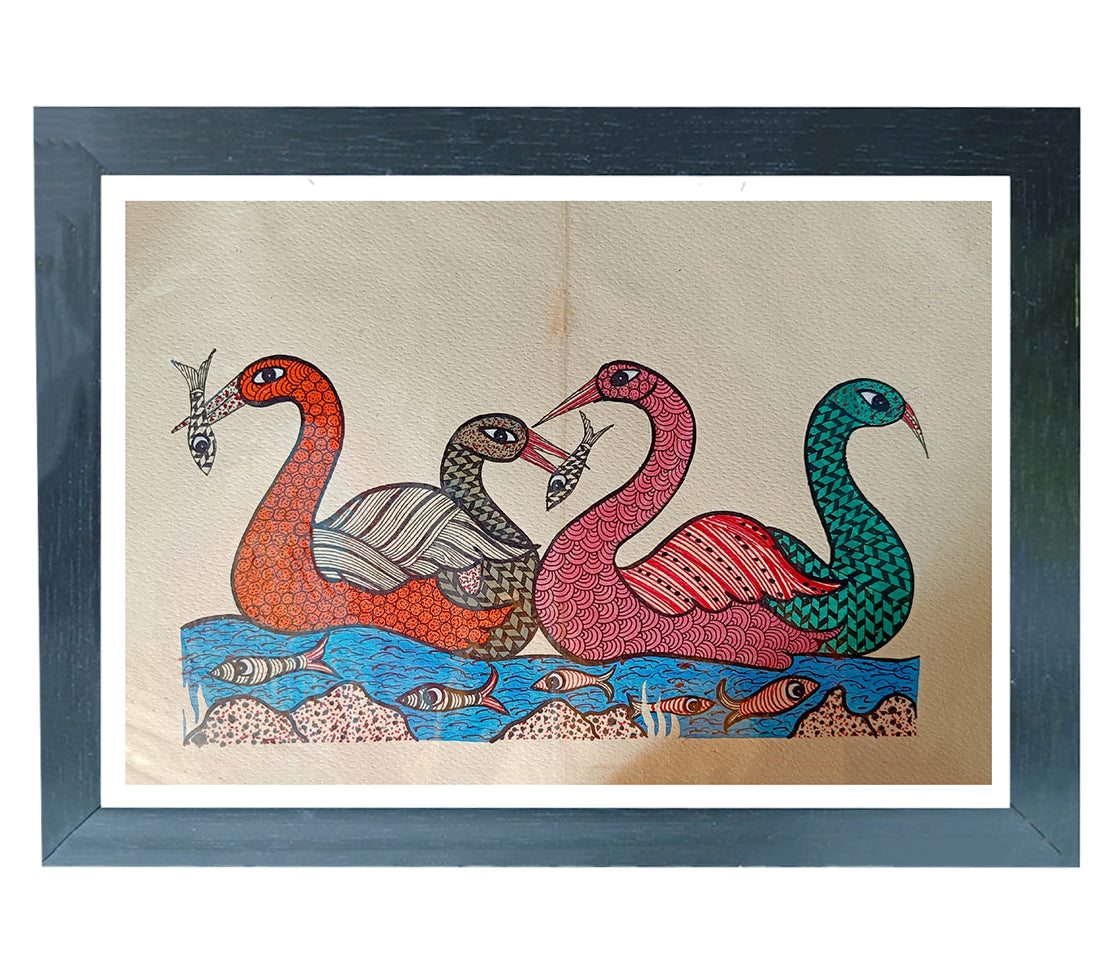 Handmade Gond Art Painting | Graceful Tranquility: Swans on a Serene River" | Wall Decor Artwork | Home & Office Decor |