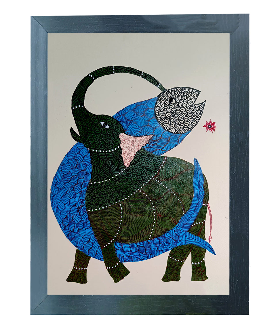 Handmade Gond Art Painting | Aquatic Majesty: The Elefish Dream | Wall Decor Artwork | Home & Office Decor |