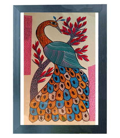 Handmade Gond Art Painting | Colorful peacock on the tree | Wall Decoration Artwork | Home and office decor