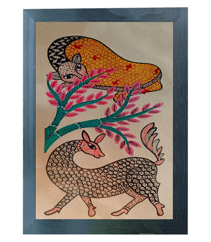 Handgemaakte Gond Art schilderij | Tijger die Herten Jaagt | Décoration murale | Oeuvre d'art | Décor de maison et de bureau