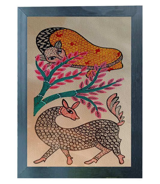 Handmade Gond Art Painting | Tiger chasing deer | Wall Decoration Artwork | Home and office decor