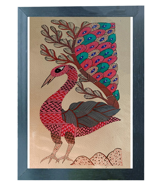 Handgemaakte Gond Art schilderij | Pauw met zijn kleurrijke veer | Décoration murale | Oeuvre d'art | Décor de maison et de bureau