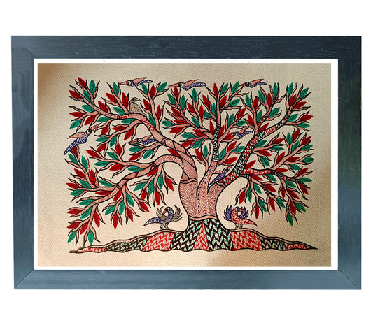 Handmade Gond Art painting| Harmonious harbor: majestic tree with colorful birds| Wall decoration artwork | Home & office decor |