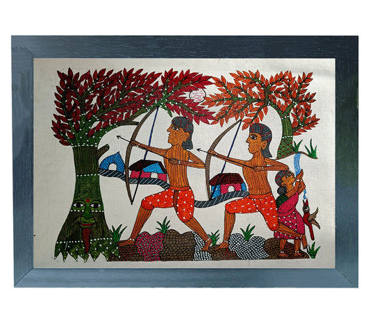 Handmade Gond Art Painting | Traditional Indian Gond Painting of Tribal Archers| Wall Decor Artwork | Home And Office Decor|