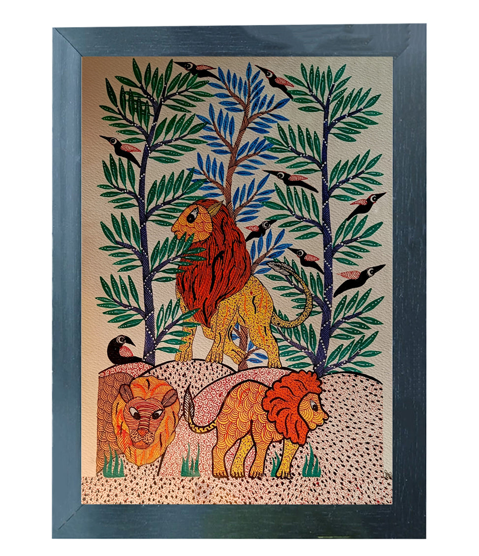 Handmade Gond Art Painting | Lively Lion Family in Nature | Wall Decor Artwork | Home & Office Decor |