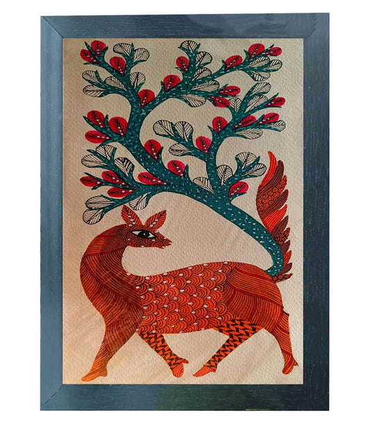 Handgemaakte Gond Art schilderij | Un homme avec la nature | Décoration murale | Oeuvre d'art | Décor de maison et de bureau