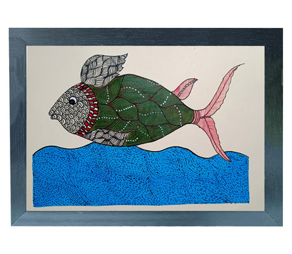 Handmade Gond Art Painting Lively Fish in Traditional Attire| Wall Decor Artwork | Home & Office Decor |