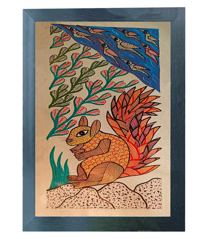 Handmade Gond Art Painting | Squirrel Enjoying nature | Wall Decoration Artwork | Home and office decor