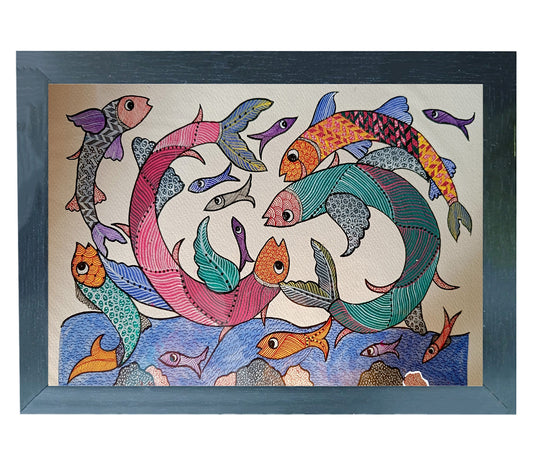 Handmade Madhubani Art Painting | Group of Fish Swimming in a Circular Formation | Wall Decor Artwork | Home & Office Decor |