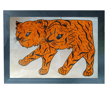 Handmade Gond Art Painting | Majestic Twin Tigers | Wall Decor Artwork | Home & Office Decor|