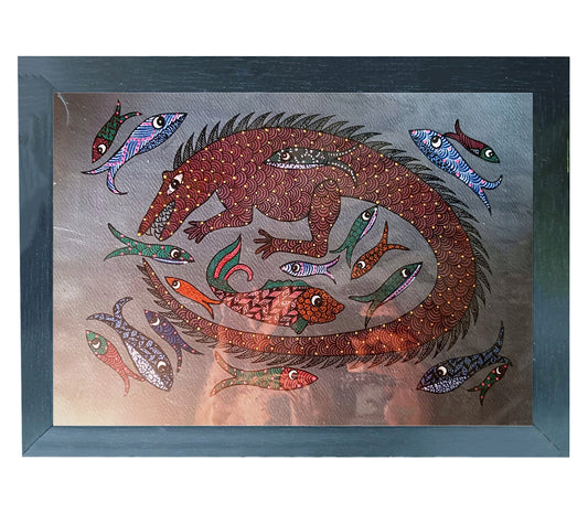 Handmade Gond Art Painting | Harmony of Scales: The Dance of Dragon and Fish | Wall Art Artwork | Home & Office Decor |