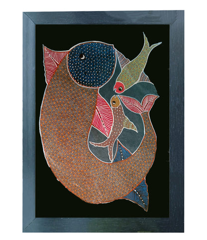 Handmade Gond Art Painting | Ocean Delight: a big fish and two small fish | Wall Decoration Artwork | Home and office decor