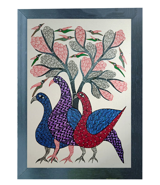 Handmade Gond Art Painting | Colorful Peacocks Under Blossoming Tree | Wall Decor Artwork | Home & Office Decor |