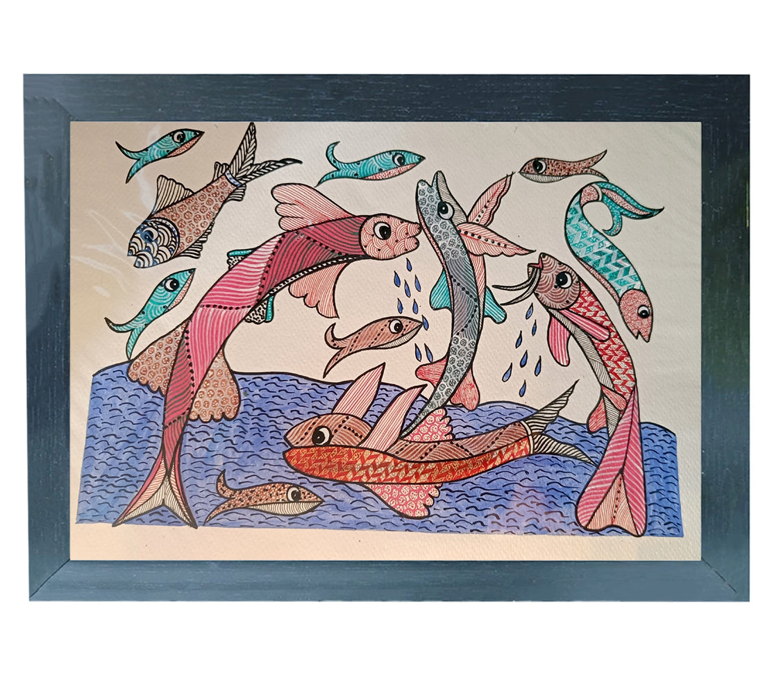 Handmade Gond Art Painting | Fish jumping out of the water | Wall Decoration Artwork | Home and office decor