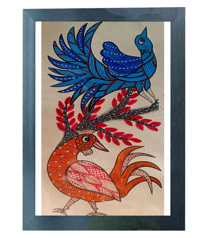 Handmade Gond Art Painting | Rooster and peacock with nature | Wall Decoration Artwork | Home and office decor