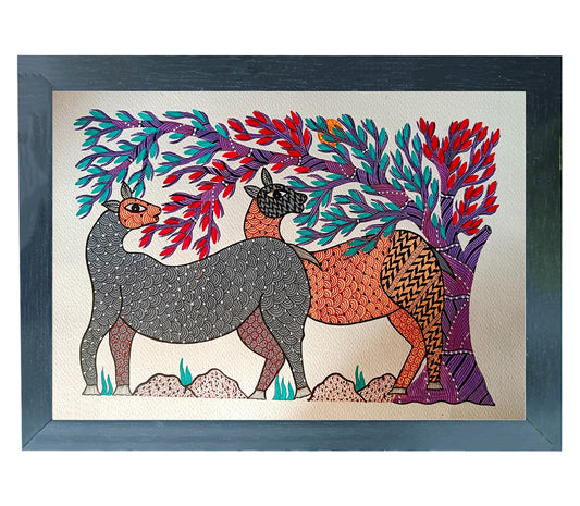 Handmade Gond Art Painting | "Harmony in Nature: Two Animals on a Tree Branch" | Wall Art Artwork | Home & Office Decor |