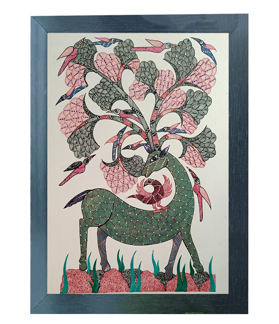 Handmade Gond Art Painting | Intricate Harmony of Deer and Birds| Wall Decor Artwork | Home & Office Decor|