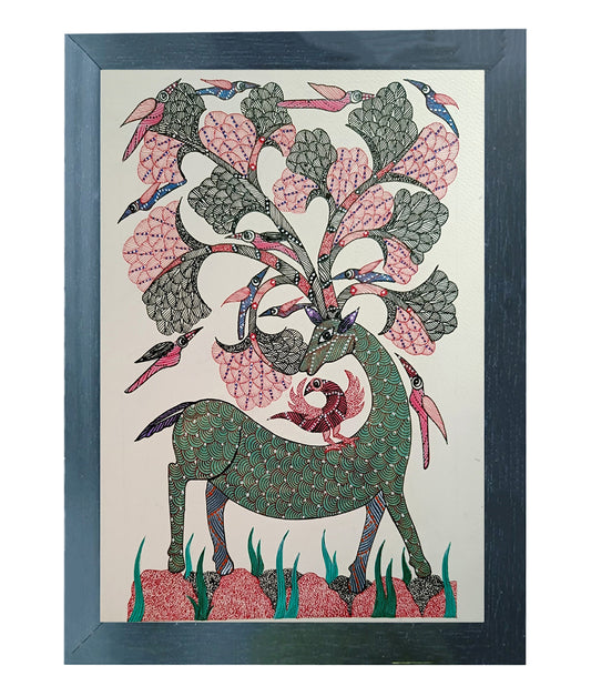 Handmade Gond Art Painting | Intricate Harmony of Deer and Birds| Wall Decor Artwork | Home & Office Decor|