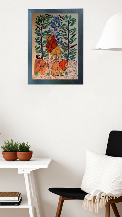 Handmade Gond Art Painting | Lively Lion Family in Nature | Wall Decor Artwork | Home & Office Decor |