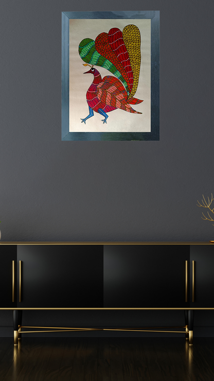 Handgemaakte Gond Art schilderij | Couleurs pâles avec couleurs vives | Décoration murale | Oeuvre d'art | Décor de maison et de bureau