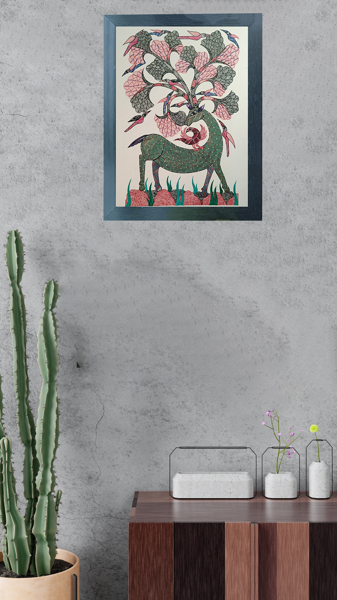 Handmade Gond Art Painting | Intricate Harmony of Deer and Birds| Wall Decor Artwork | Home & Office Decor|