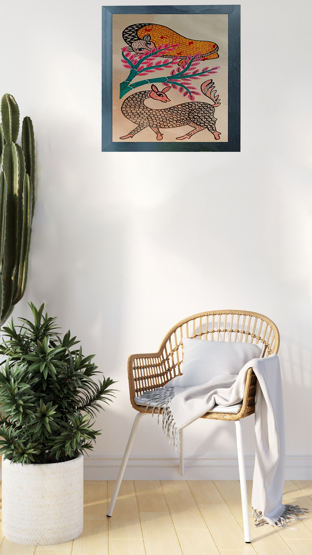 Handgemaakte Gond Art schilderij | Tijger die Herten Jaagt | Décoration murale | Oeuvre d'art | Décor de maison et de bureau