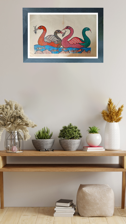 Handmade Gond Art Painting | Graceful Tranquility: Swans on a Serene River" | Wall Decor Artwork | Home & Office Decor |